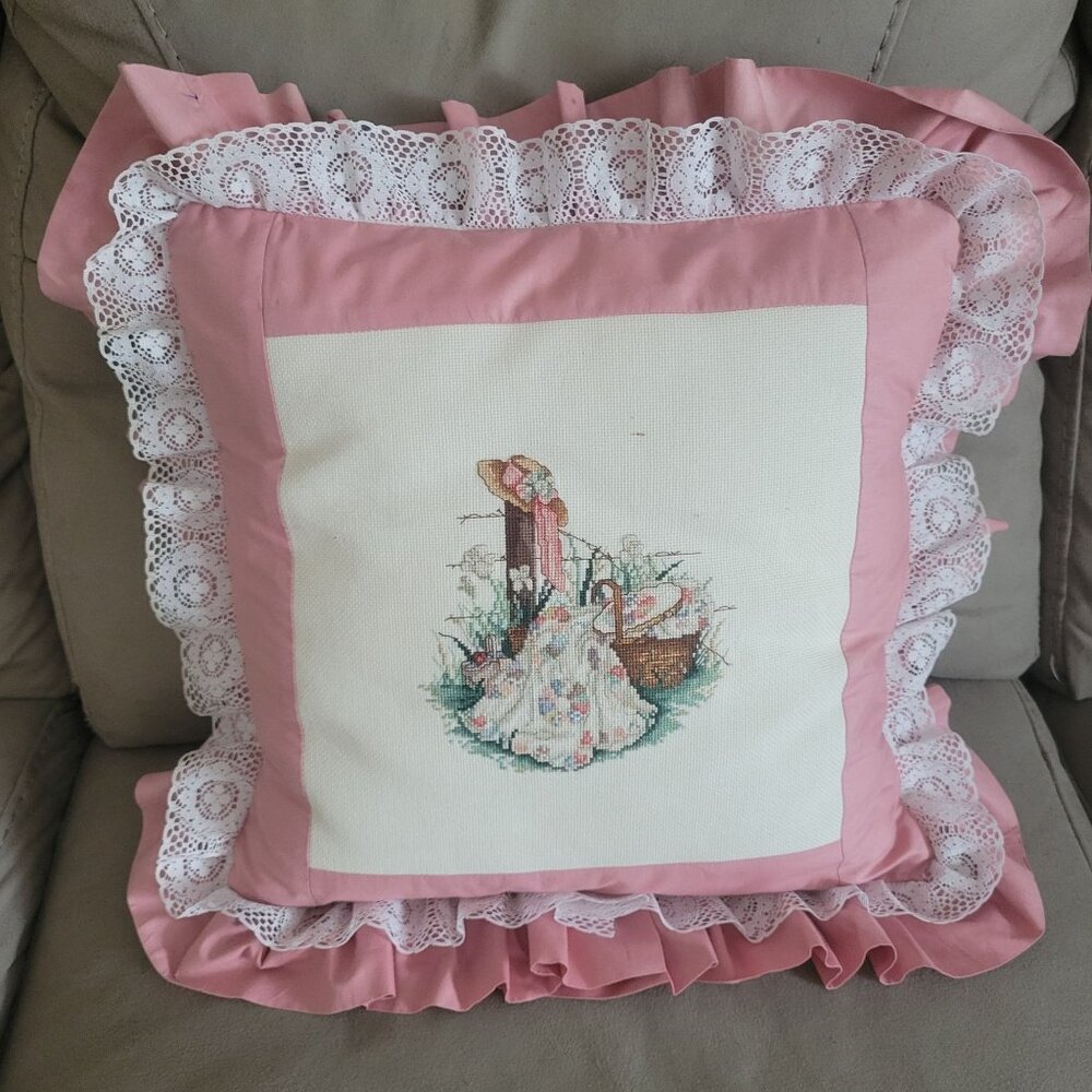 Handmade Pink & White Ruffled Throw Pillow With Cross-Stitch Farmhouse Design